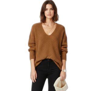 MNG Sweater Women's Size M Brown V-Neck Oversized Minimalist